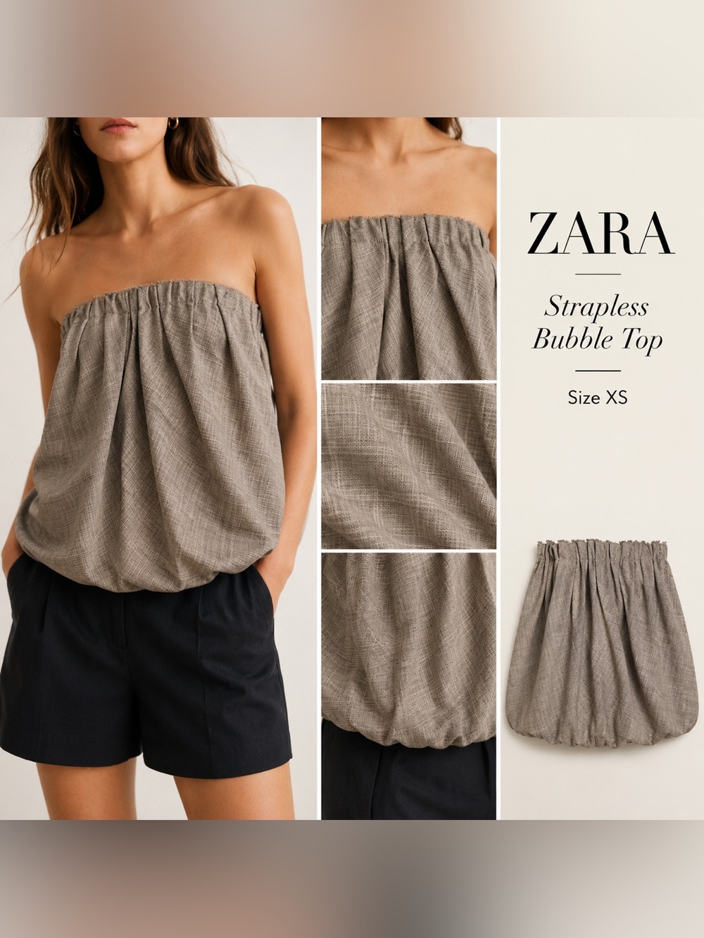 ZARA Strapless Bubble Camisole in Taupe size XS  Gathered Bubble